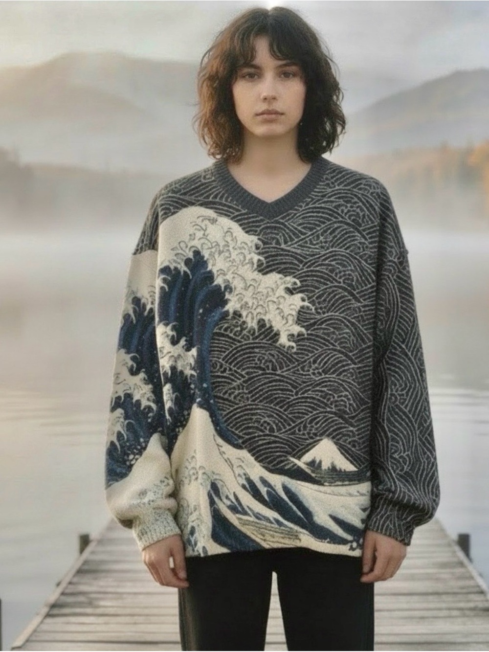 NWOT Women’s Wave V Neck Oversized Sweater in Charcoal, Blue and Ivory